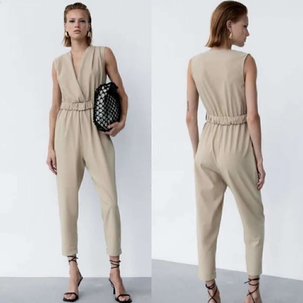 New Zara Textured Linen Blend V-Neck Sleeveless Belted Tan Jumpsuit NWT Size XS